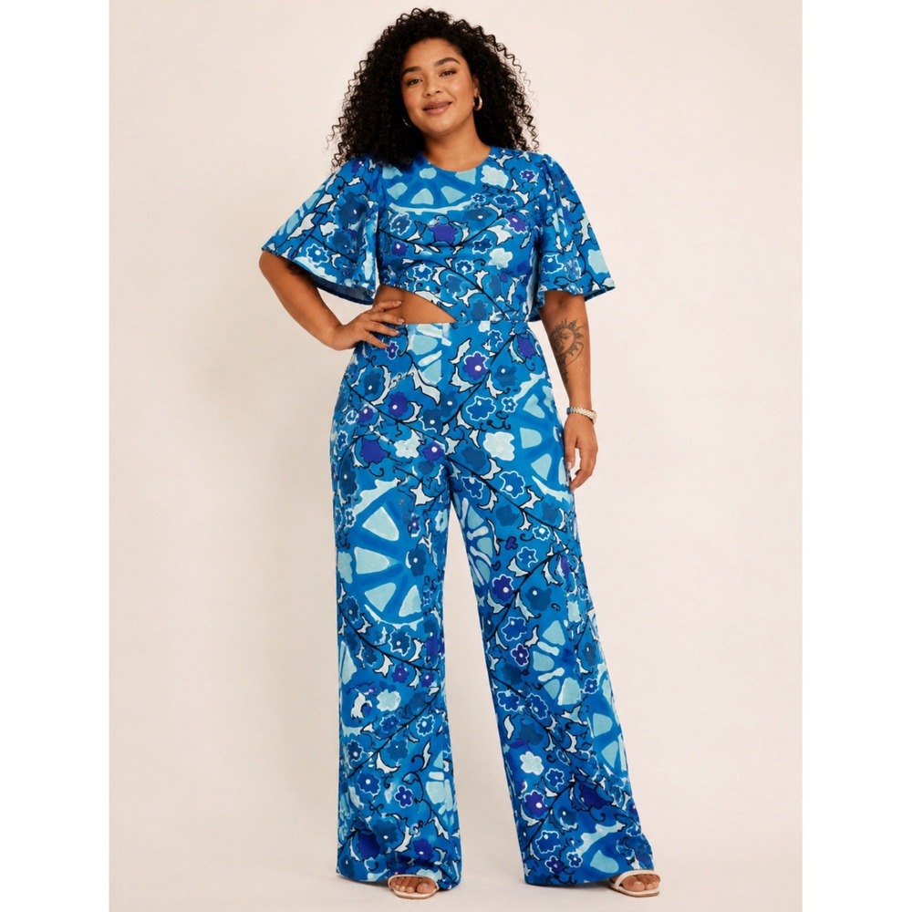 Rhode X Target XXL Blue Floral Cutout Jumper Linen Blend Flutter Sleeve